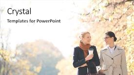  Presentation with park - Slide set consisting of conversation talk - happy businesswomen conversing while walking background and a white colored foreground