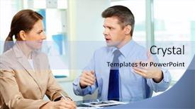  Presentation with business plan - Theme consisting of conversation talk - team members discussing business plan background and a light blue colored foreground