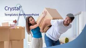  Presentation with house - Slide deck enhanced with servicing mortgage - young family unpacking at new background and a  colored foreground