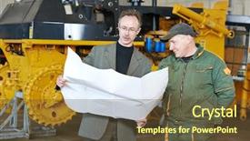  Presentation with manufacturing industry - Presentation design with conveying project - industrial workers discussing over technical background and a tawny brown colored foreground