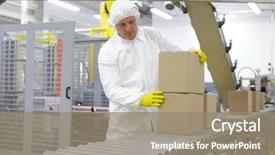  Presentation with apron - Cool new PPT layouts with conveyor quality control - caucasian worker in white apron backdrop and a gray colored foreground
