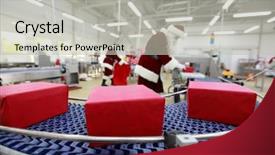  Presentation with santa claus and reindeers - Slides featuring conveyor quality control - two santa clauses working background and a light gray colored foreground