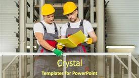  Presentation with factory workers - Beautiful presentation theme featuring conveyor quality control - two workers in safety hats backdrop and a coral colored foreground