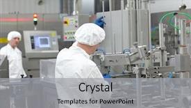  Presentation with production line - Presentation theme having conveyor quality control - two workers in white uniforms background and a light gray colored foreground