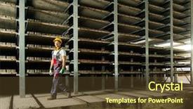  Presentation with worker safety - Amazing slide set having conveyor quality control - worker in safety hat walking backdrop and a tawny brown colored foreground