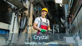  Presentation with quality control - Cool new PPT theme with conveyor quality control - worker in safety hat backdrop and a ocean colored foreground