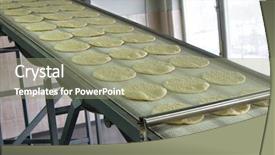  Presentation with manufacturing - Slide deck with conveyor with dough billets background and a mint green colored foreground