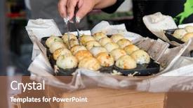  Presentation with meatball - Colorful slide set enhanced with cook hands with meatball backdrop and a coral colored foreground