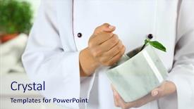  Presentation with mortar - Presentation theme consisting of cook hands with mortar with herbs on bright background background and a sky blue colored foreground