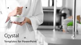  Presentation with mortar - Cool new slide deck with cook hands with mortar with herbs on bright background backdrop and a light gray colored foreground