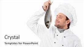  Presentation with top view of fresh fish - PPT theme enhanced with cook holding a fresh fish background and a  colored foreground