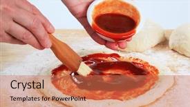  Presentation with dough - Slides having cook spreading tomato sauce over pizza dough background and a coral colored foreground