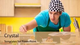  Presentation with cooking equipment kitchen utensils - Cool new presentation with man cook preparing cake in kitchen at home backdrop and a yellow colored foreground