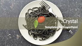  Presentation with black ink - Audience pleasing PPT theme consisting of cooked black noodles with squid sepia ink on plate backdrop and a violet colored foreground