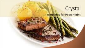  Presentation with flame nutrition beef steaks - PPT layouts featuring cooked chicken - grilled beef steaks and asparagus background and a  colored foreground