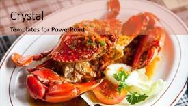  Presentation with white plate - Colorful presentation design enhanced with cooked crabs with spicy sauce backdrop and a coral colored foreground