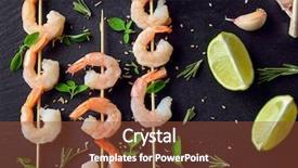  Presentation with shrimp - Slides consisting of cooked fish - delicious shrimp skewers on dark background and a tawny brown colored foreground