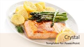  Presentation with asparagus - PPT theme featuring cooked fish - grilled salmon boiled potatoes background and a coral colored foreground