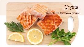  Presentation with salmon grilled fish salmon grilled - Slides having cooked fish - grilled salmon with lemon slices background and a lemonade colored foreground