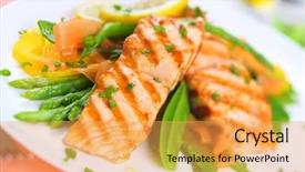  Presentation with salmon grilled fish salmon grilled - Slide set consisting of cooked fish - grilled salmon with spring vegetables background and a yellow colored foreground