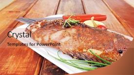  Presentation with main course - Presentation having cooked fish - main course on wood whole background and a coral colored foreground