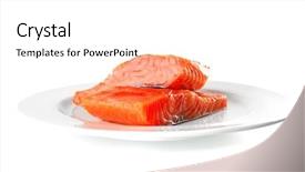  Presentation with salmon dish - Slide deck with cooked fish - smoked pink salmon chunk background and a white colored foreground