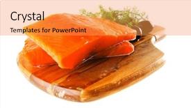  Presentation with white cheese - Colorful PPT theme enhanced with cooked fish - smoked pink salmon chunk backdrop and a gold colored foreground