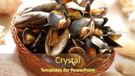  Presentation with cooked brown crab or edible - Colorful presentation theme enhanced with cooked-fresh-mussels-in-basket backdrop and a tawny brown colored foreground