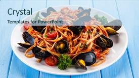  Presentation with pasta sauce - Slide set with cooked mussels and pasta background and a  colored foreground