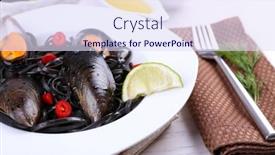  Presentation with lime - Presentation theme with cooked pasta mussel and lime on the table close-up background and a sky blue colored foreground