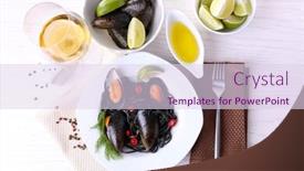  Presentation with lime - Slides having cooked pasta mussel lime and wine on white wooden background background and a sky blue colored foreground