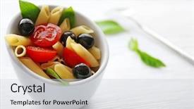  Presentation with penne pasta - Colorful theme enhanced with tubular - cooked penne pasta with olives backdrop and a light gray colored foreground