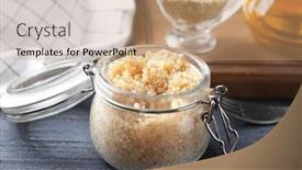  Presentation with quinoa - Presentation theme consisting of cooked quinoa in glass jar on wooden kitchen table background and a coral colored foreground