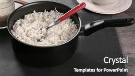  Presentation with slate - Slide deck with cooked rice in saucepan with spoon on slate board background and a dark gray colored foreground