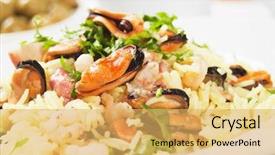  Presentation with shrimps - Slide set enhanced with cooked rice risotto with mussels background and a yellow colored foreground