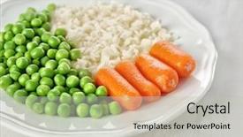  Presentation with green plate - Cool new PPT theme with cooked rice with baby carrots and green pea in white plate on table backdrop and a light gray colored foreground
