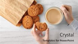  Presentation with cup coffee - PPT theme having cookies and cup of coffee background and a coral colored foreground