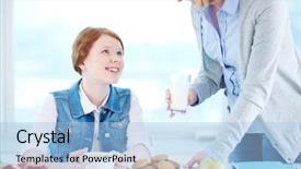  Presentation with snack - Presentation design consisting of cookies milk - lovely girl looking at her background and a light blue colored foreground