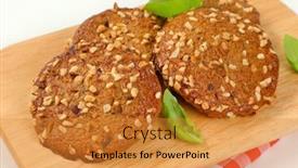  Presentation with almonds - Colorful slides enhanced with cookies with chopped nuts and almonds on wooden cutting board - close up backdrop and a gold colored foreground