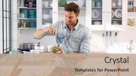  Presentation with salad - Cool new presentation with cooking - casual man preparing salad backdrop and a coral colored foreground