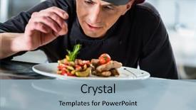  Presentation with meat food - Presentation enhanced with cooking - chef finishing and garnishing food background and a light blue colored foreground