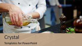  Presentation with cooking oil - Audience pleasing presentation theme consisting of cooking - chef pouring olive oil backdrop and a coral colored foreground