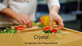  Presentation with salad - Audience pleasing presentation theme consisting of cooking - fresh vegetarian salad on wooden backdrop and a gold colored foreground