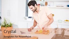  Presentation with recipe - Cool new presentation with cooking - man looking recipe on laptop backdrop and a coral colored foreground