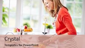  Presentation with recipe - Beautiful PPT theme featuring cooking - woman in kitchen following recipe backdrop and a coral colored foreground