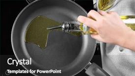  Presentation with frying - Amazing slide deck having cooking - woman pouring oil from bottle backdrop and a dark gray colored foreground