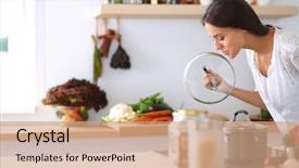 Presentation with kitchen - Cool new PPT theme with cooking - young woman standing backdrop and a coral colored foreground