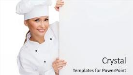  Presentation with cooking chef - Beautiful slide deck featuring cooking advertisement and food concept - smiling female chef cook or baker with white blank board backdrop and a white colored foreground