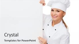  Presentation with cooking chef - Cool new PPT theme with cooking advertisement and food concept - smiling female chef cook or baker with white blank board backdrop and a white colored foreground