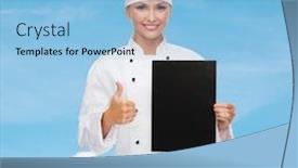  Presentation with black female - Audience pleasing slide set consisting of cooking advertisement and food concept - smiling female chef cook or baker with blank black paper showing thumbs up backdrop and a light blue colored foreground
